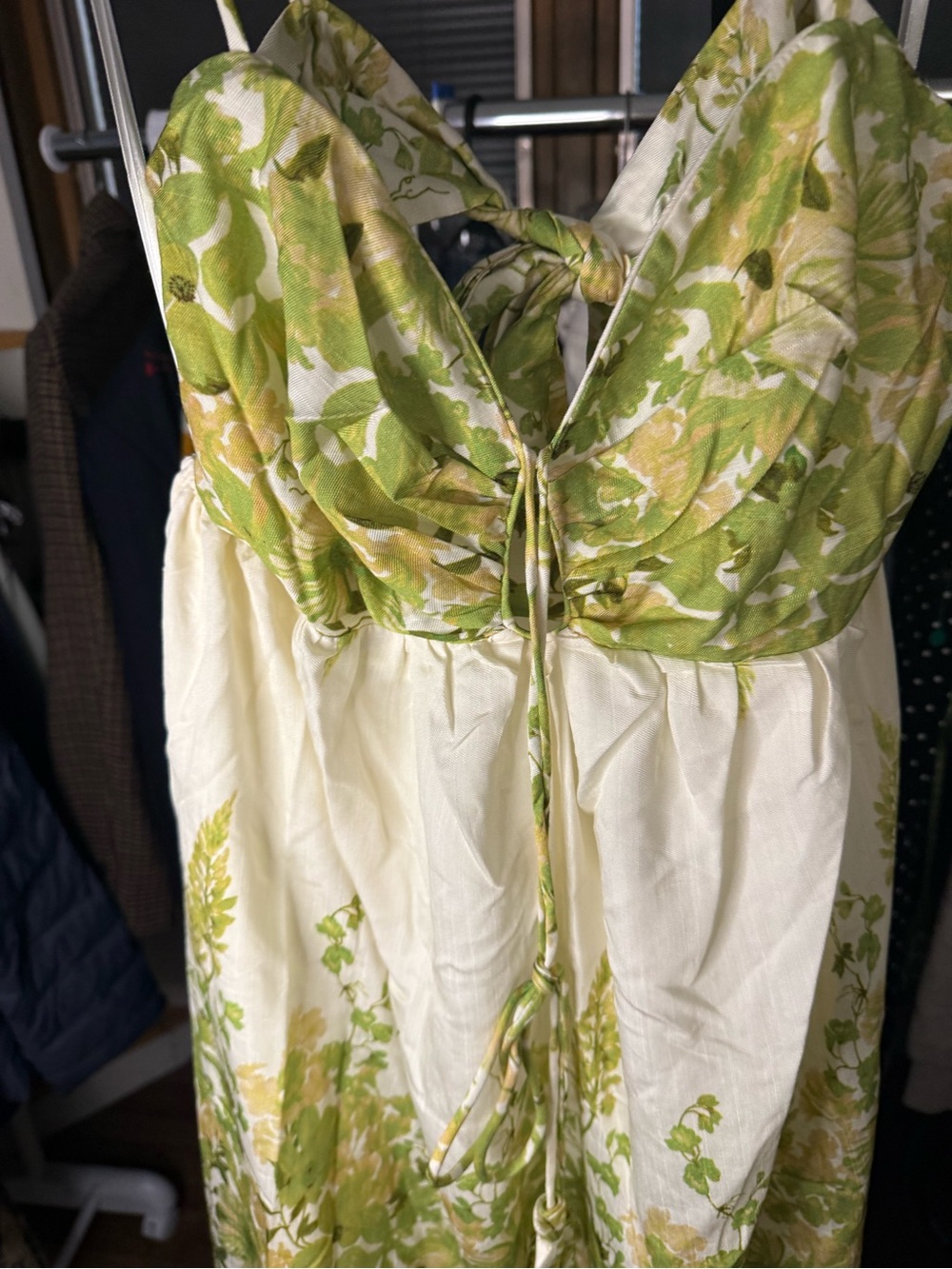 Aakaa Green and Cream Strapless Floral Tie-Front Dress